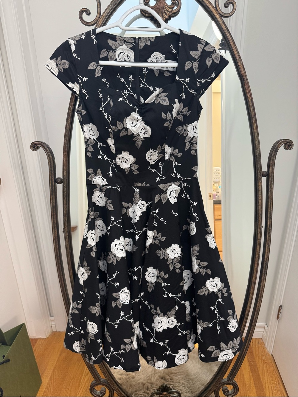 Black Floral Fit-and-Flare Dress with White Rose Print